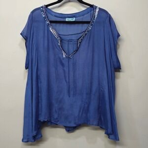 Letarte Handmade 100% Silk Shirt Top Large Blue Oversize Beaded Sheer Iridescent